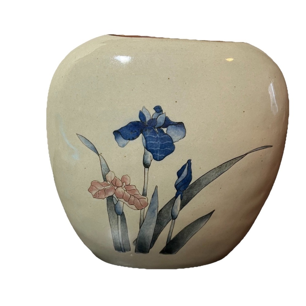 Otagiri MCM Flat‎ Vase Royal Iris Handcrafted VTG Decor Floral Botanical Japan